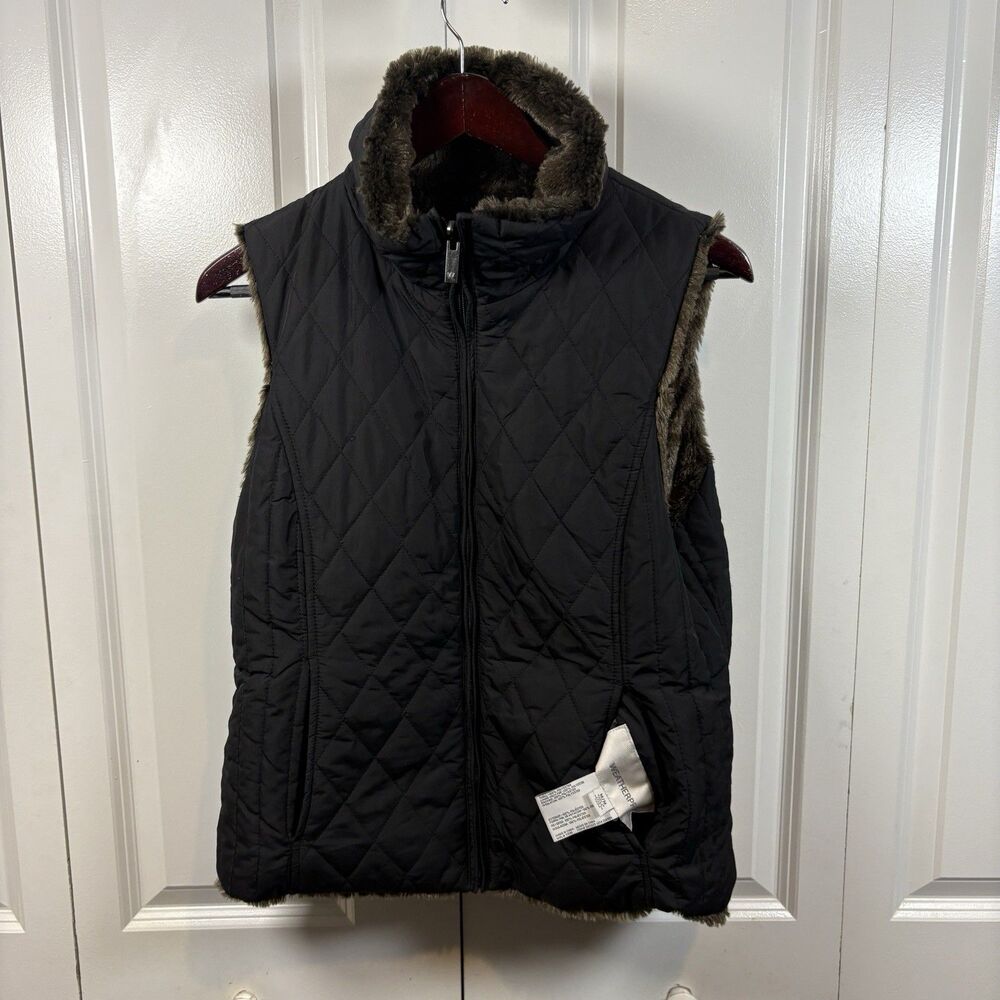 Weatherproof Black Quilted Vest Women M Faux Fur Lined Winter Cozy Warm